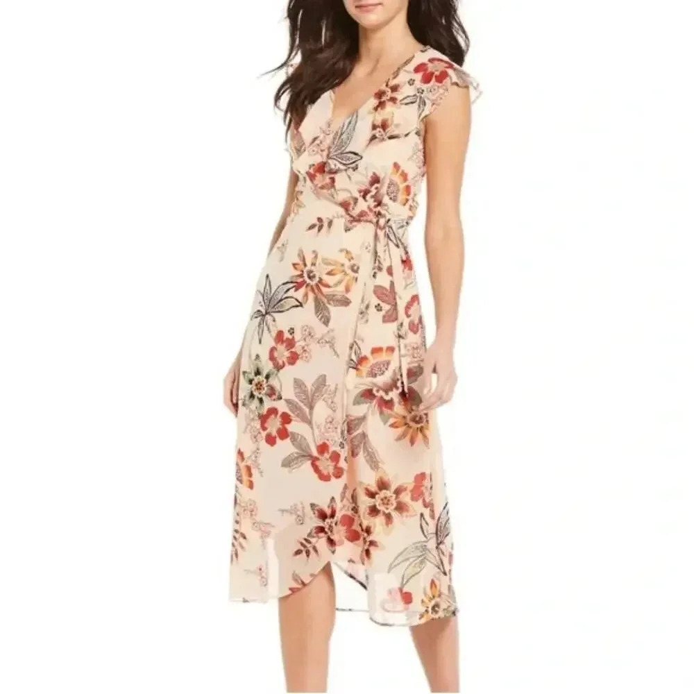 Sanctuary Cream Floral Wrap Midi Dress with Red & Orange Blooms
